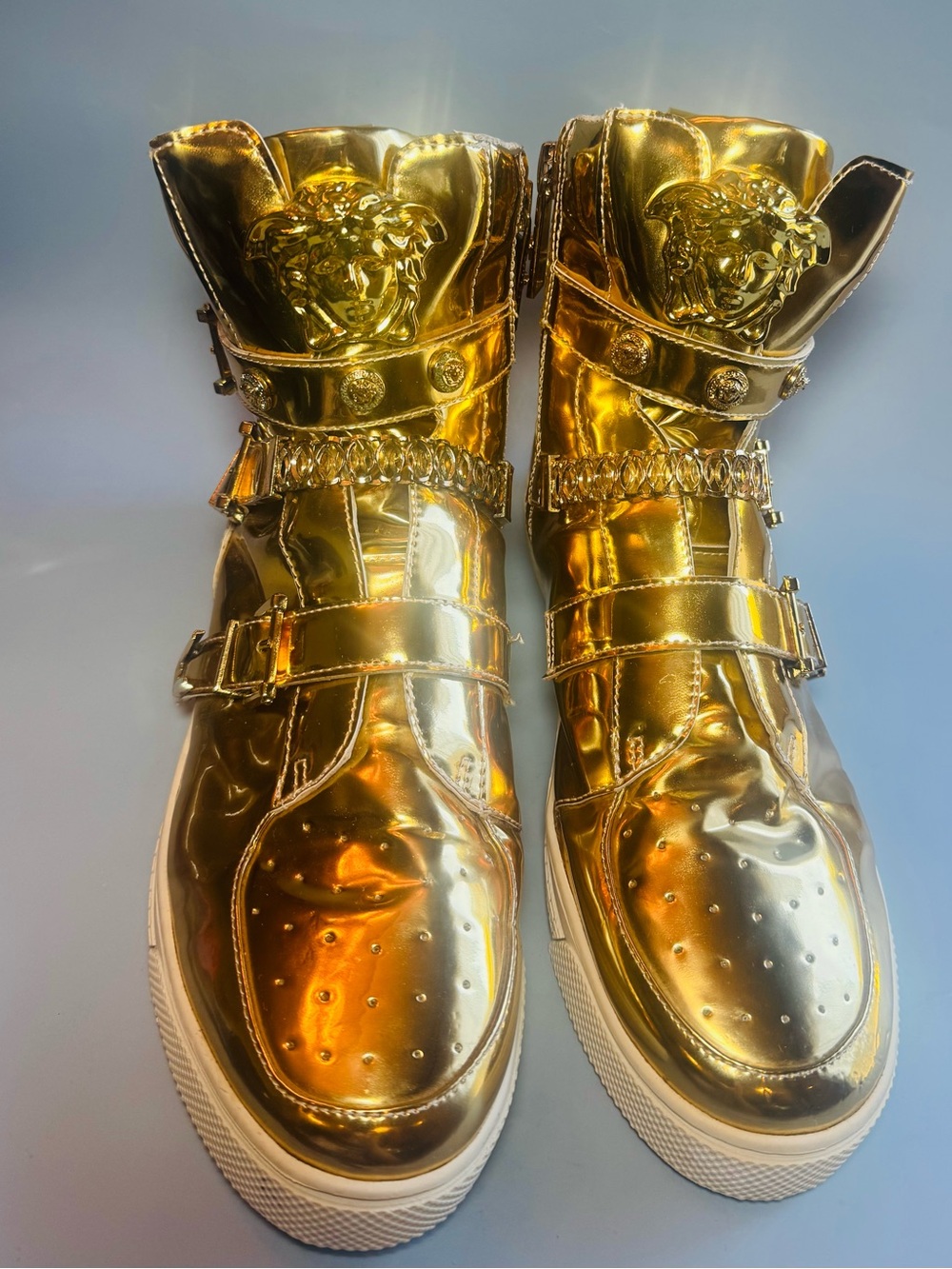 Versace Metallic Gold High-Top Sneakers with Medusa Plaques - Picture 5 of 16